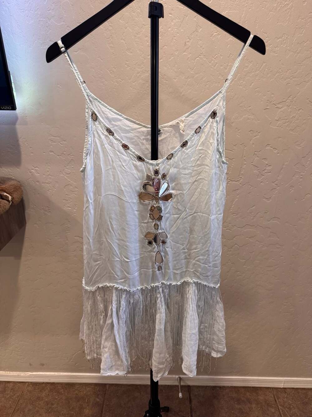 FP ONE Free People Embellished Mirror Detail Sleeveless Cami Top Fringed Hem